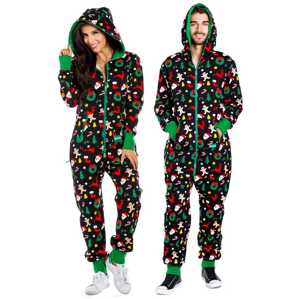 TIPSY ELVES COOKIE CUTTER HOODED JUMPSUIT 1 PIECE CHRISTMAS PAJAMAS - SIZE SMALL